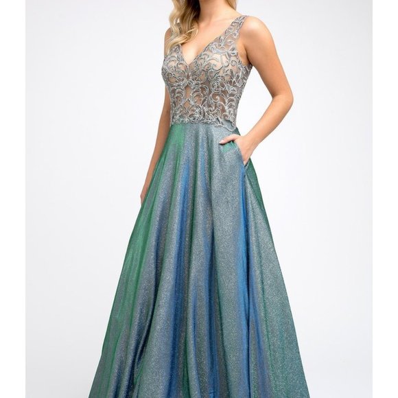 V-Neck Sequined Bodice A-LIne Dress JT225